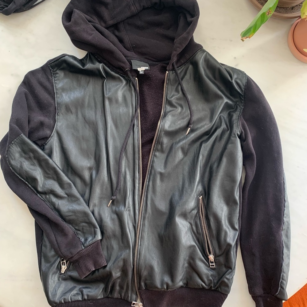Black Hoodie with Leather Paneling